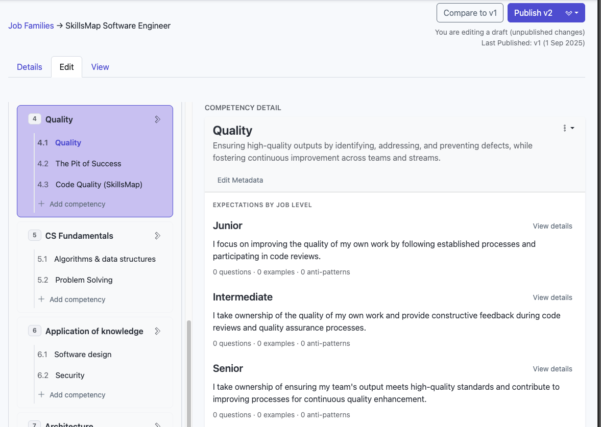 SkillsMap job family editor screen